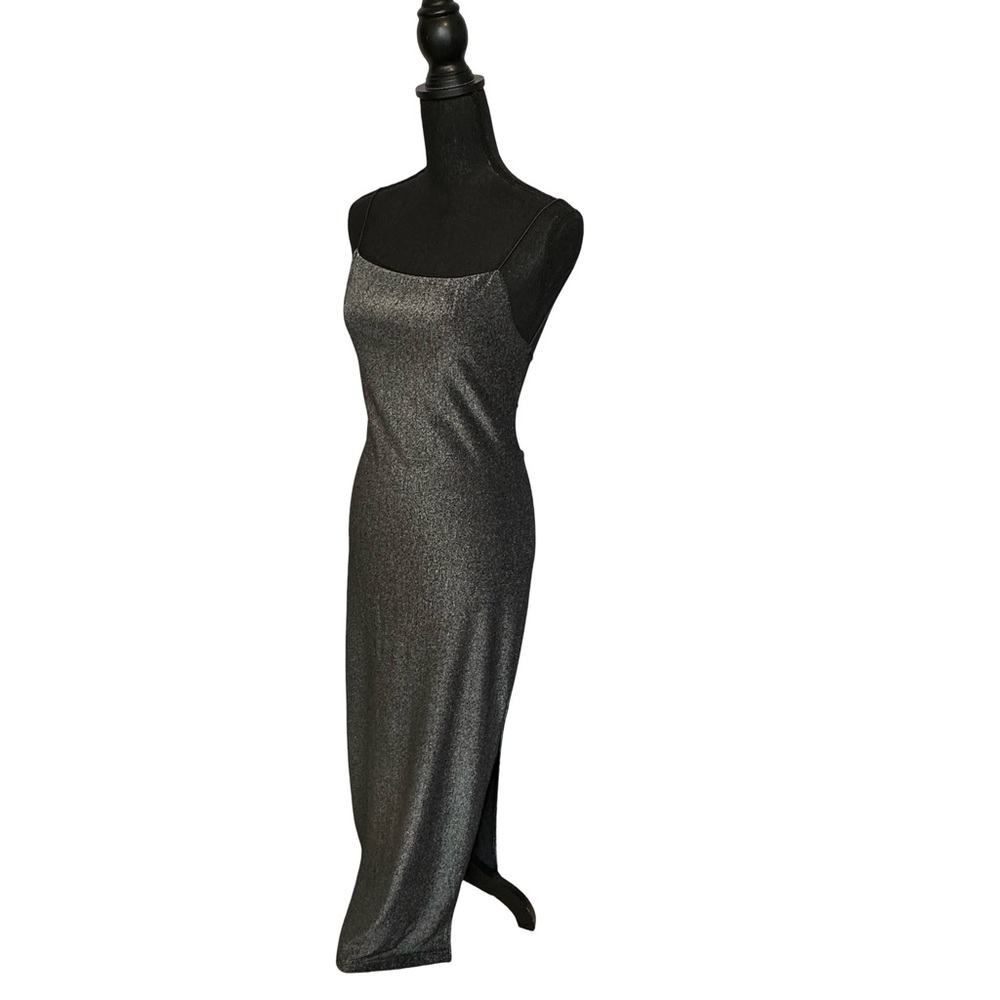 a fortiori Shiny Dark Gray Black Silver Metallic Maxi Bodycon Dress Sz Medium